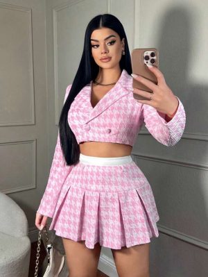 Set de dos piezas de blusa con estampado de pata de gallo de manga larga con botones y falda plisada